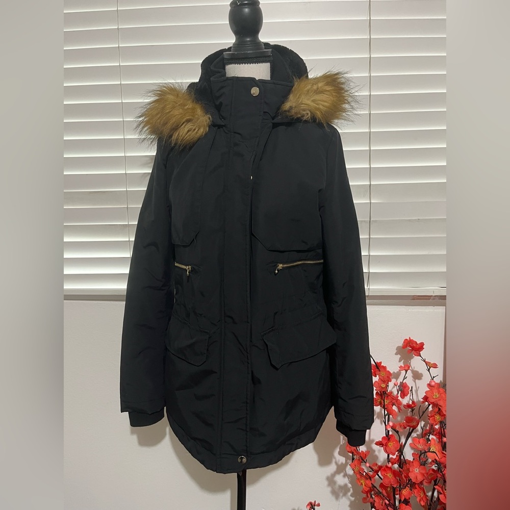 Zara Black Puffer Parka with Faux Fur Trim Hood